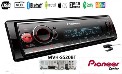 Pioneer MVH-S520BT, radio, bluetooth, usb, aux, σχεδιασμένο για android & ios ( iphone ), 4x50w , 3 rca pre out , multi colour,